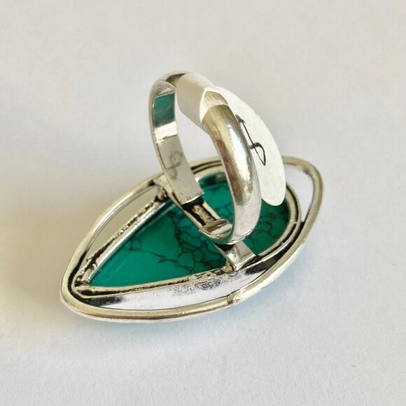 Silver Boho Faux Turquoise Cocktail Ring Size 8 Aqua Blue Stone Simulated Plated - Picture 4 of 9